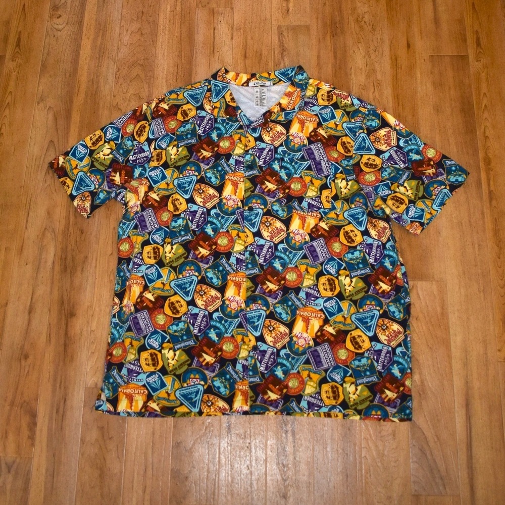 Disney Parks Attraction Patch Shirt Mens‎ XXXL Multicolor Vented Button Down